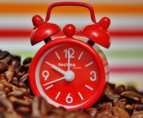 morning routine clock and coffee